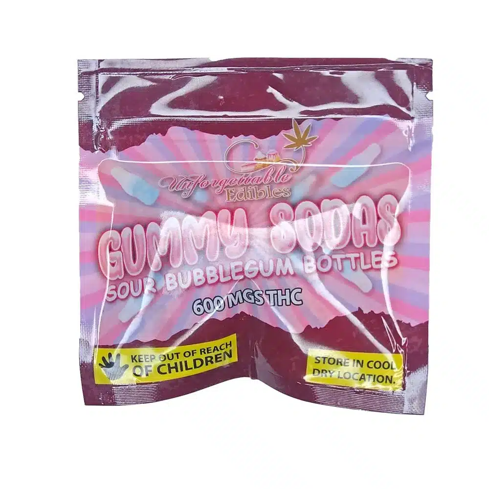Unforgettable Edibles – Gummy Sodas Sour Bubblegum Bottles 600mg THC