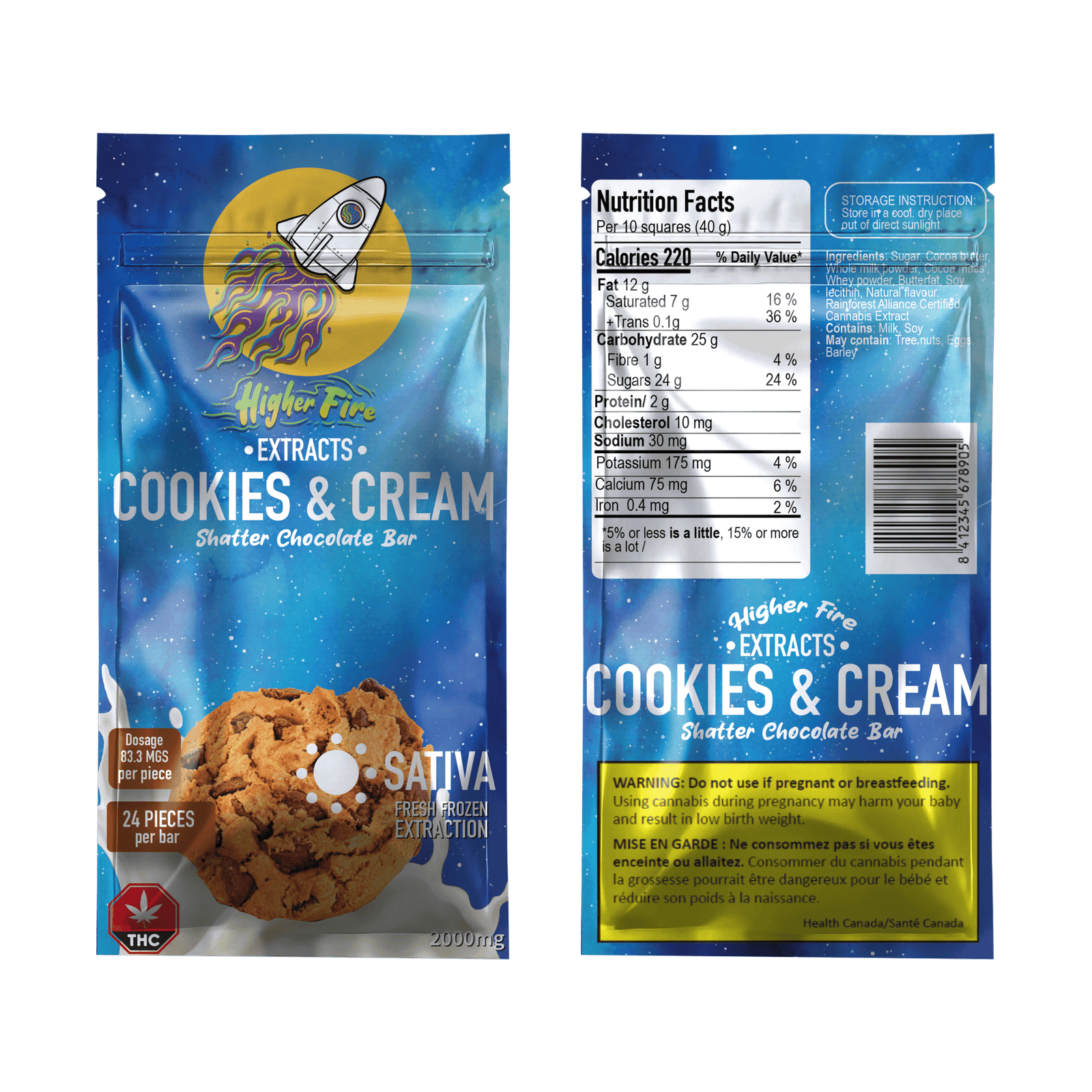 Higher Fire Extracts – Shatter Chocolate Bar – Cookies and Cream 2000mg THC (Sativa)