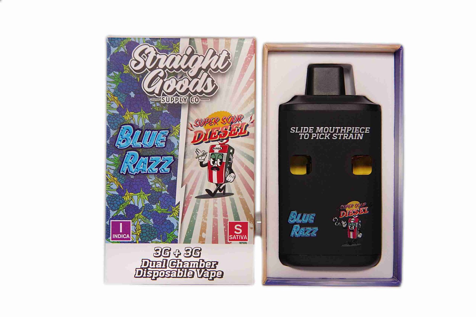 Straight Goods – Dual Chamber Vape – Blue Razz + Super Sour Diesel (3 Grams + 3 Grams)