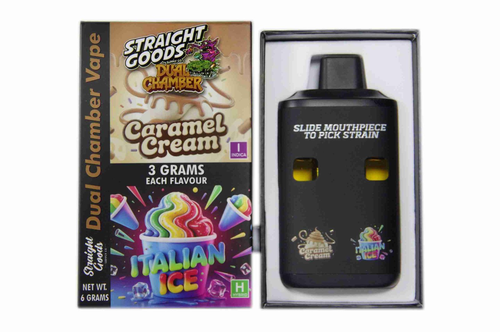 Straight Goods – Dual Chamber Vape – Caramel Cream + Italian Ice (3 Grams + 3 Grams)