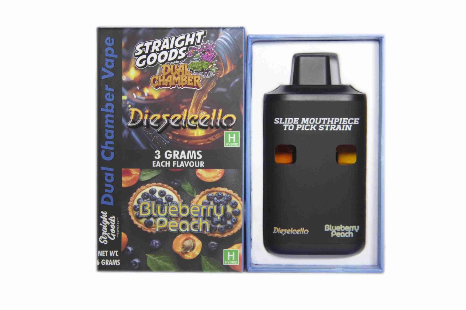 Straight Goods – Dual Chamber Vape – Dieselcello + Blueberry Peach (3 Grams + 3 Grams)