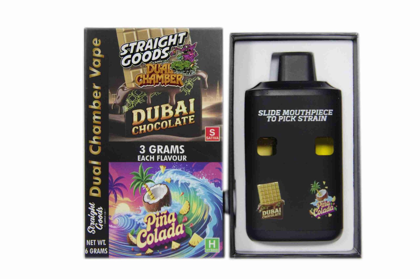 Straight Goods – Dual Chamber Vape – Dubai Chocolate + Pina Colada (3 Grams + 3 Grams)