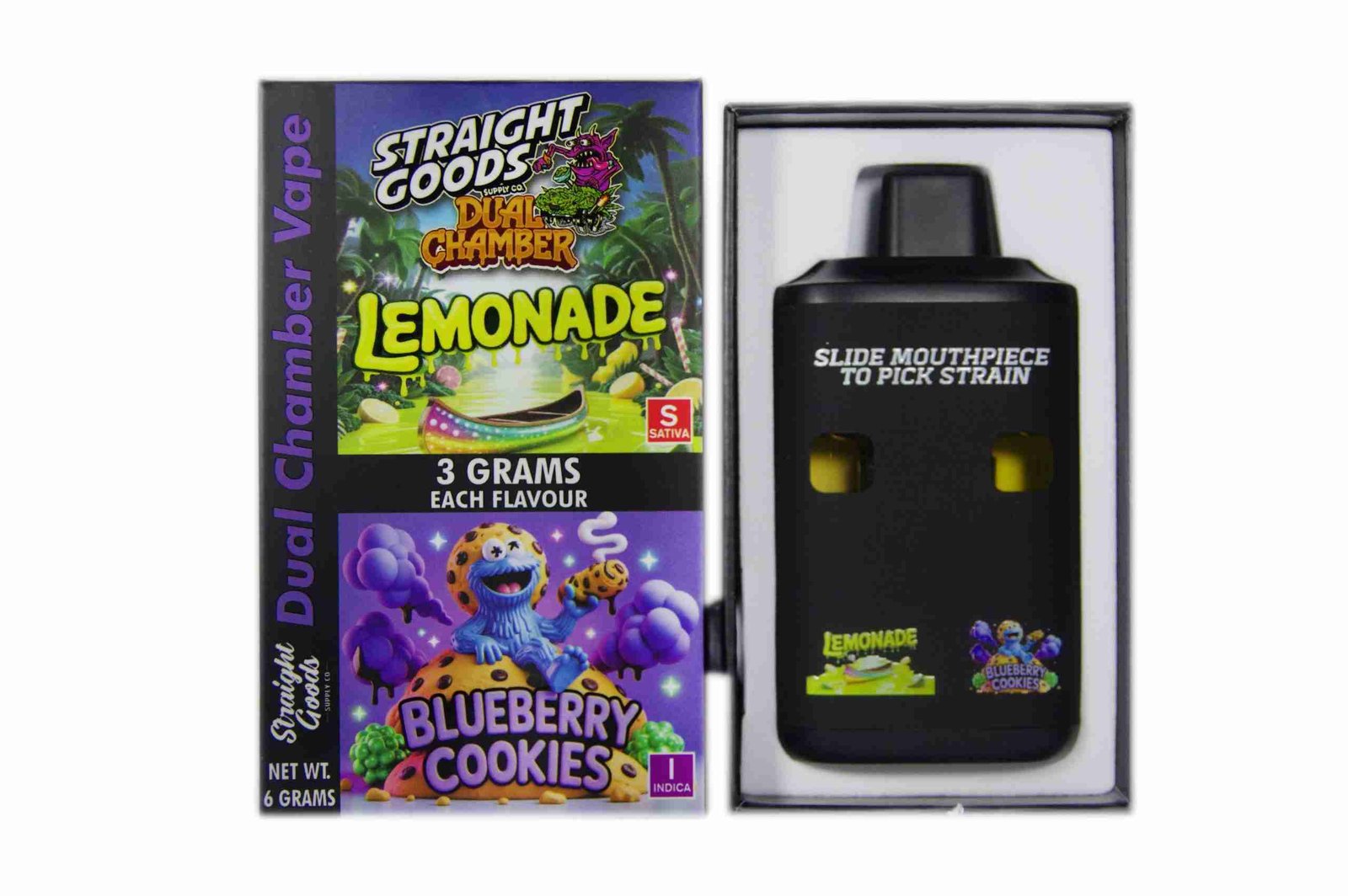 Straight Goods – Dual Chamber Vape – Lemonade + Blueberry Cookies (3 Grams + 3 Grams)