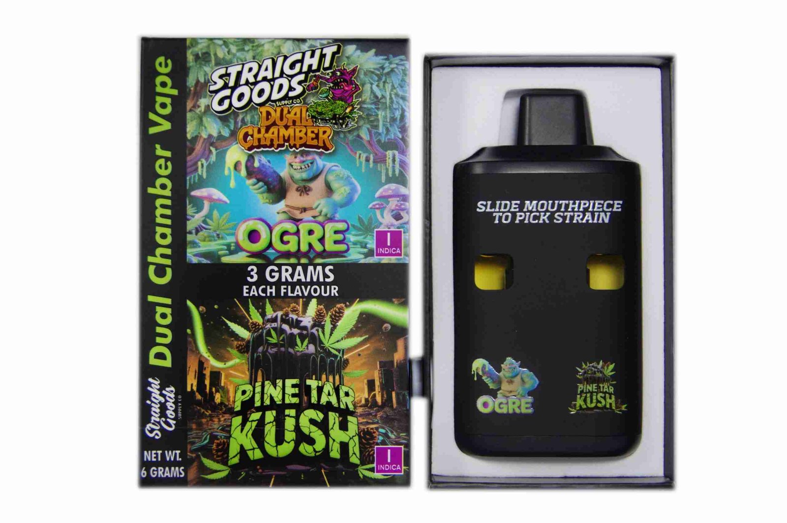 Straight Goods – Dual Chamber Vape – Ogre + Pine Tar Kush (3 Grams + 3 Grams)