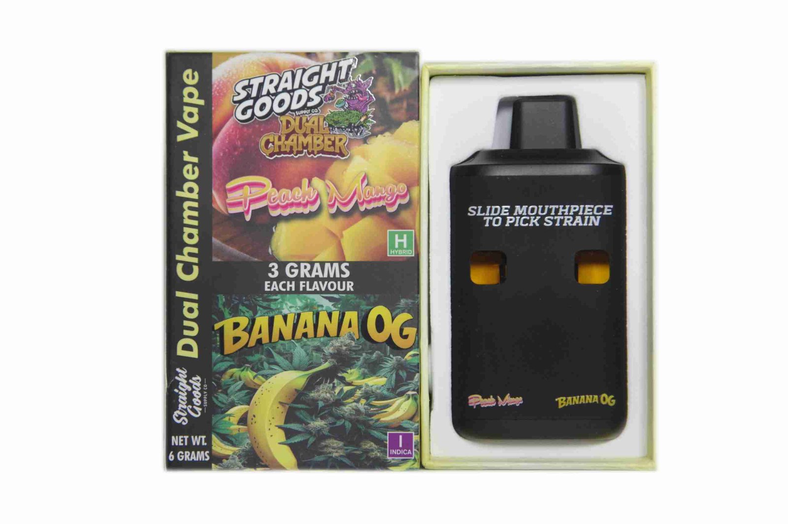 Straight Goods – Dual Chamber Vape – Peach Mango + Banana OG (3 Grams + 3 Grams)