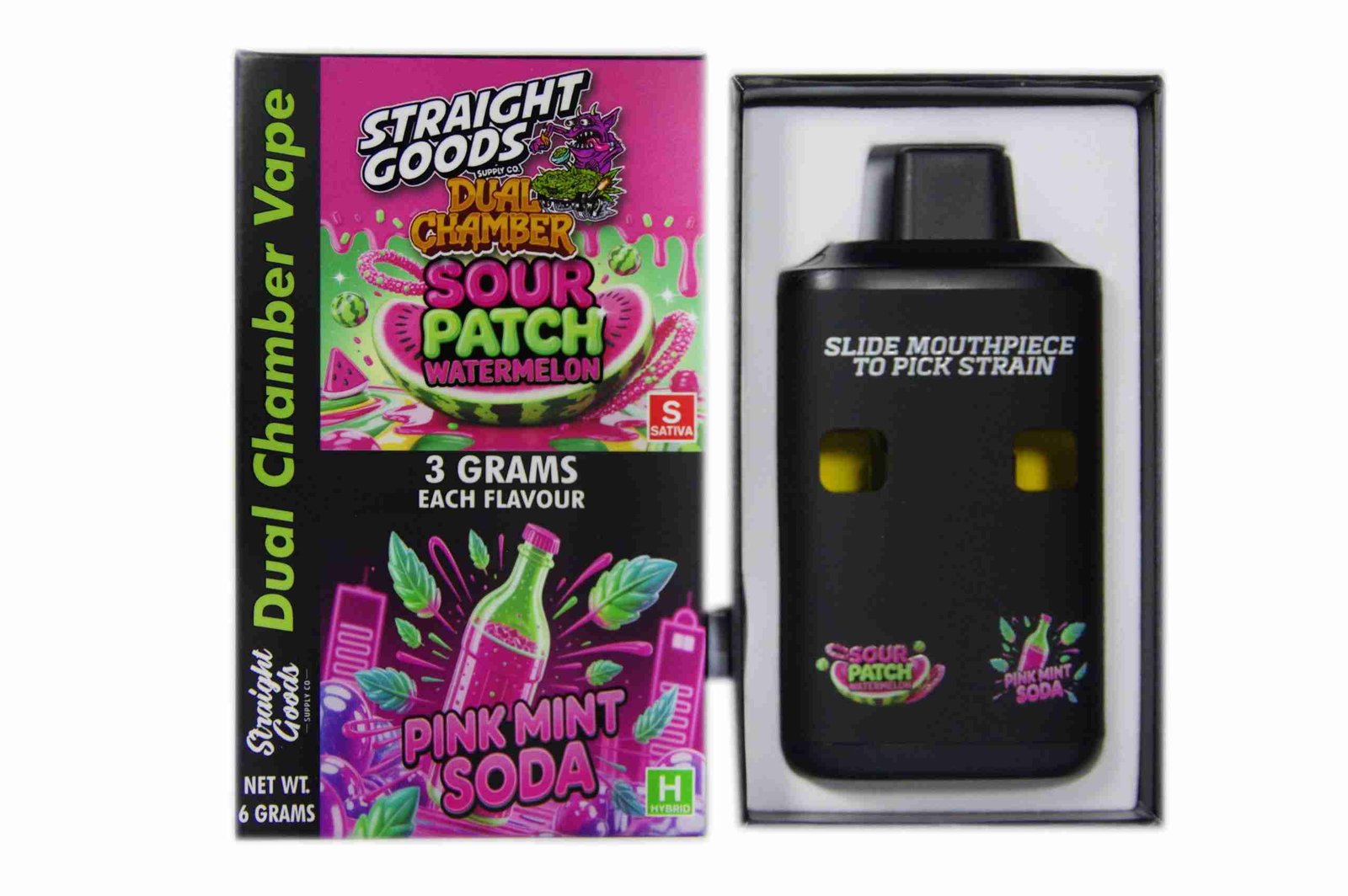 Straight Goods – Dual Chamber Vape – Sour Patch Watermelon + Pink Mint Soda (3 Grams + 3 Grams)