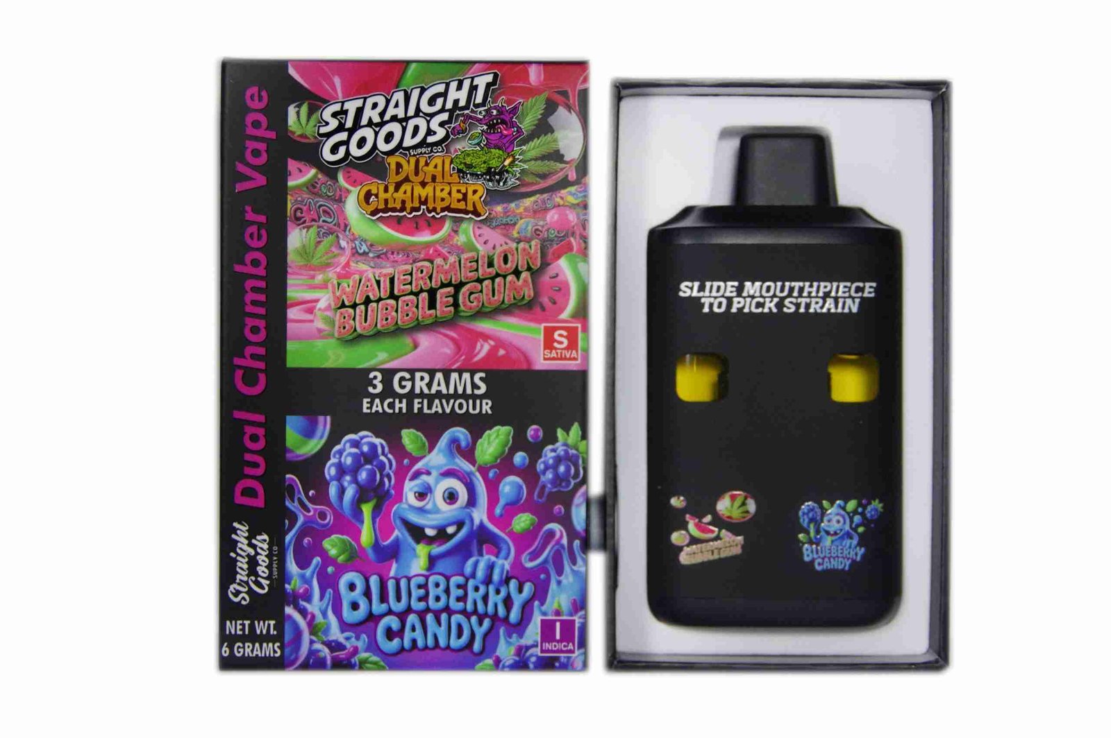 Straight Goods – Dual Chamber Vape – Watermelon Bubblegum + Blueberry Candy (3 Grams + 3 Grams)